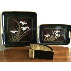 VTG Otagiri Floral Serving Trays Black & Gold 6 Seashell Coasters & Case